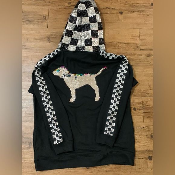 PINK VS CHECKERED FASHION SHOW RUNWAY BLING HOODIE LARGE - Picture 5 of 12